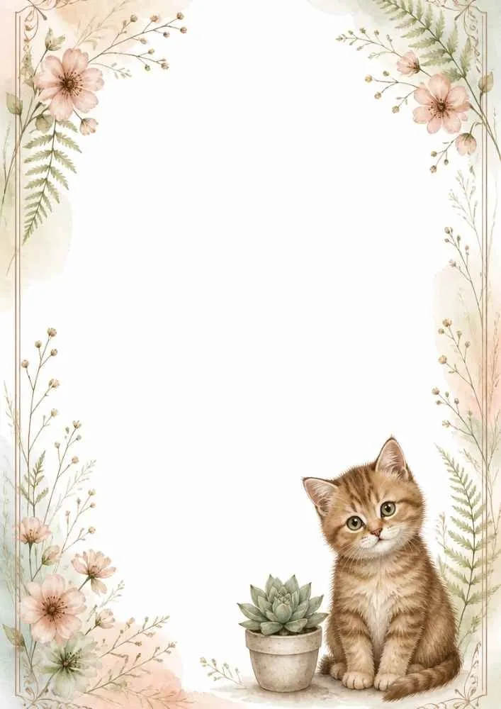 A watercolor border page featuring a kitten beside a potted succulent. Soft flowers and greenery decorate the edges around a blank center.