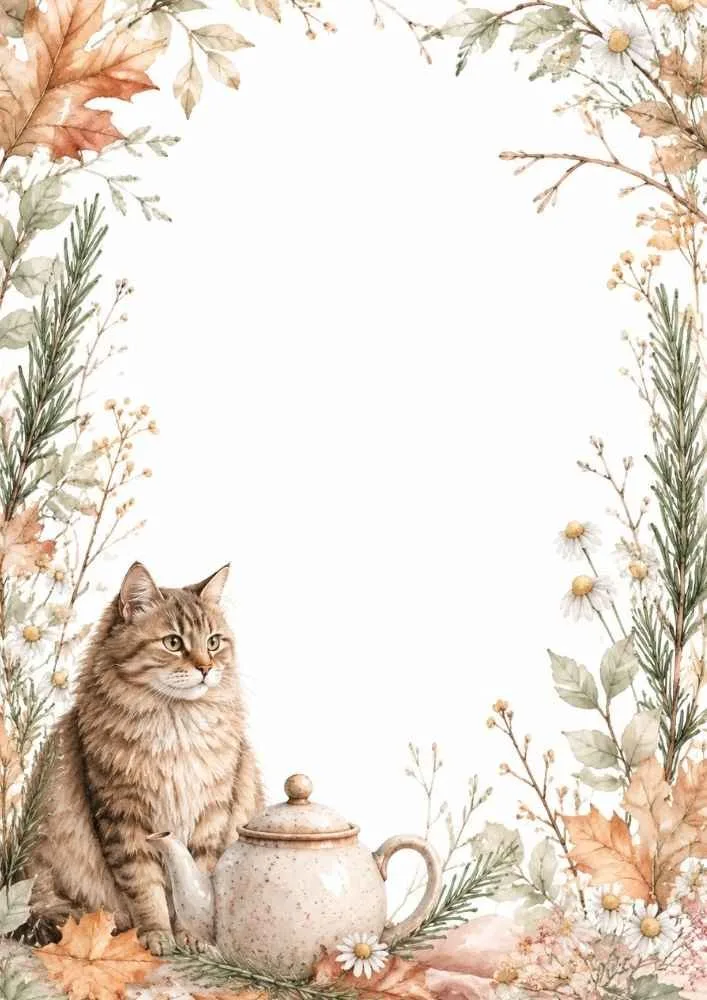 A watercolor border page with a fluffy brown cat next to a teapot. Flowers, leaves, and garden plants frame the large blank center.