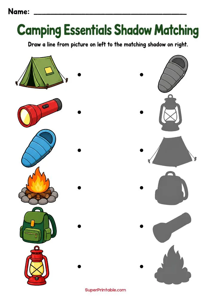 Camping shadow matching worksheet with a tent, flashlight, sleeping bag, campfire, backpack, and lantern.