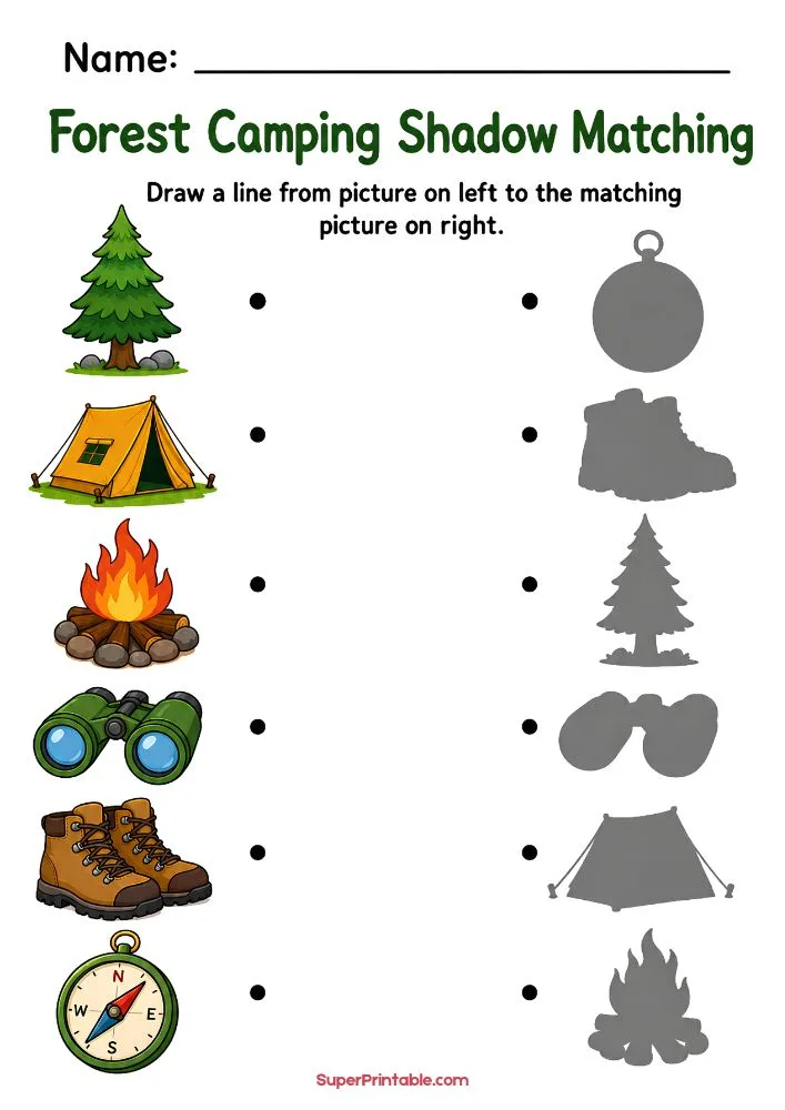 Forest camping shadow matching worksheet with a tree, tent, campfire, binoculars, boots, and compass.