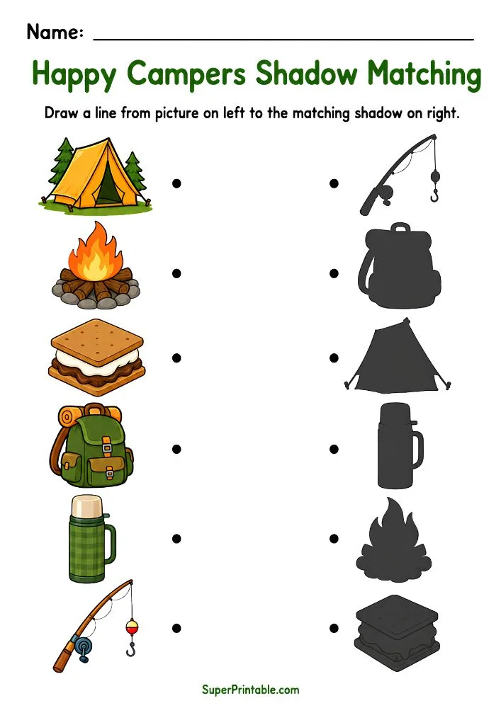 Happy campers shadow matching worksheet with a tent, campfire, s'more, backpack, thermos, and fishing rod.