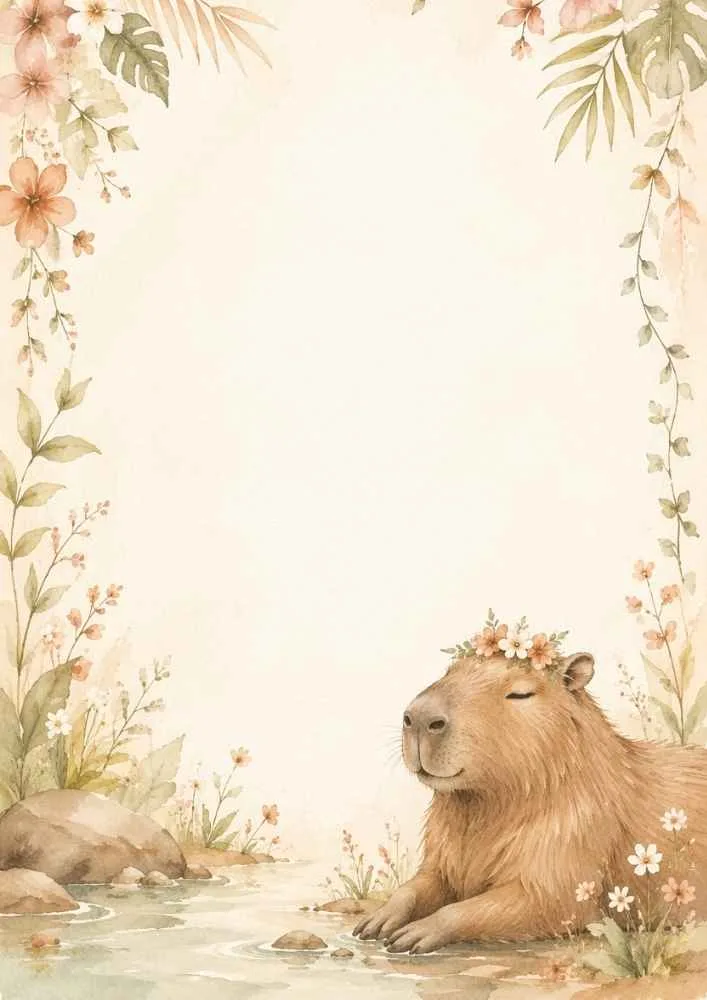 Capybara resting by a stream with flowers, rocks, and tropical leaves.