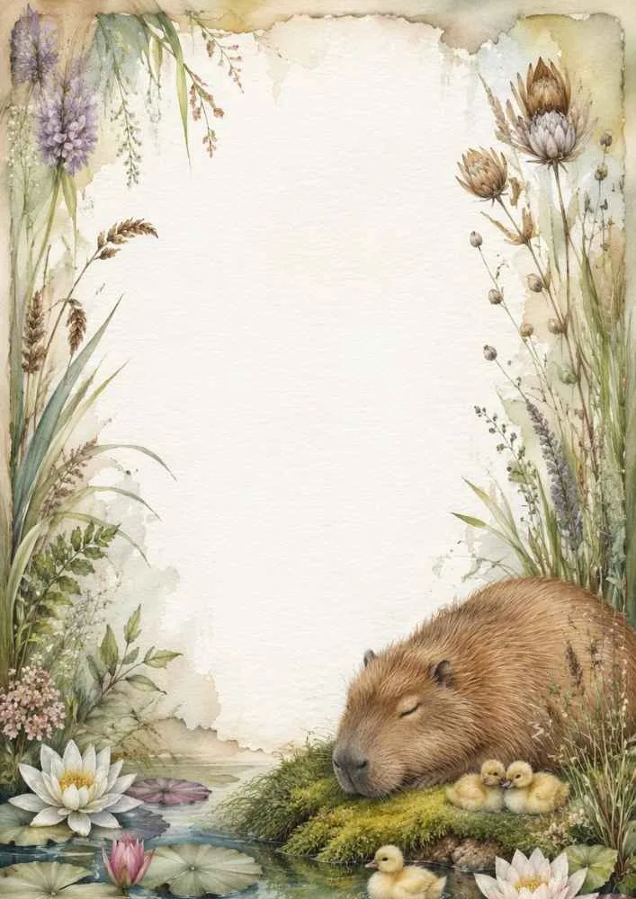 Sleeping capybara with ducklings near a pond and water lilies.