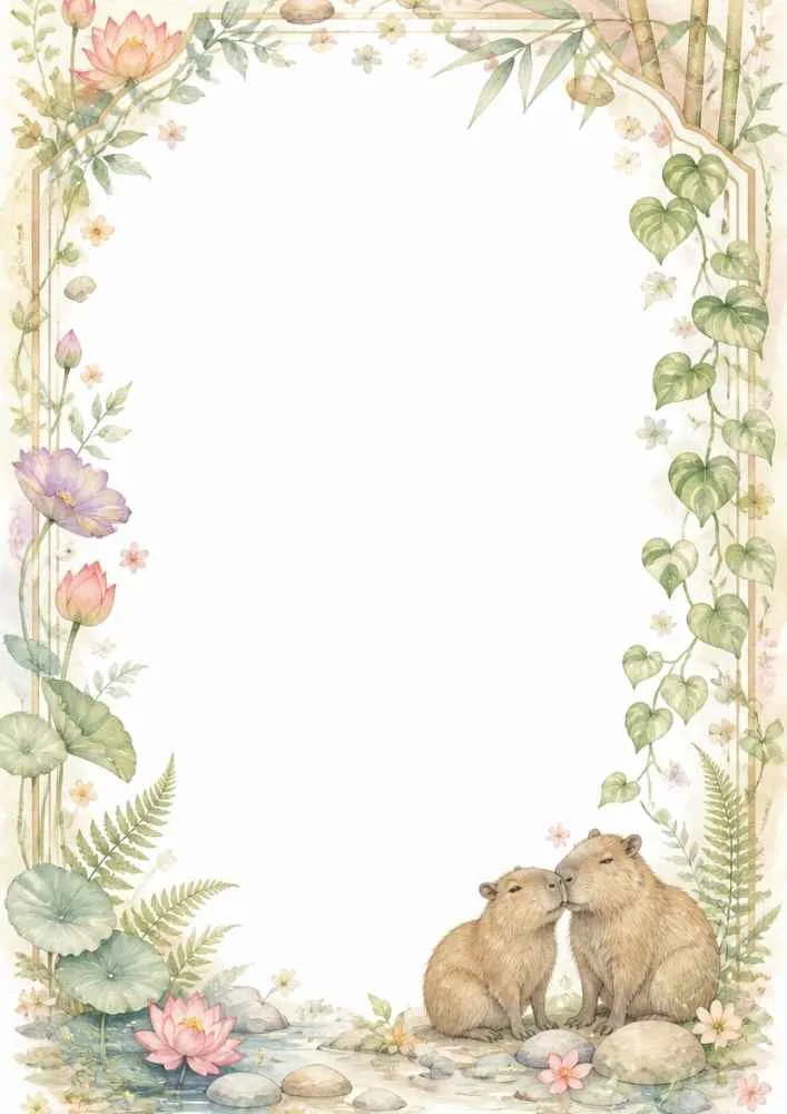 Two capybaras touching noses near flowers, rocks, and water.