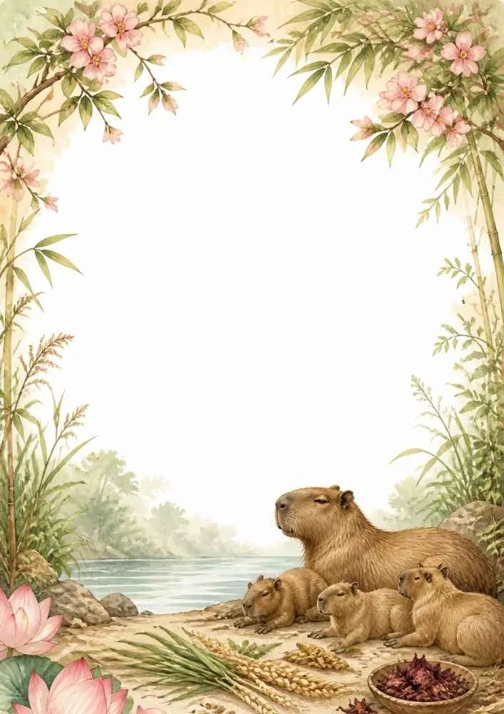 Capybara family resting by a river with flowers and plants.