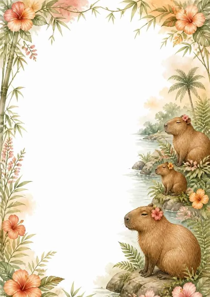Capybara family with flower crowns, birds, lotus flowers, and leaves.