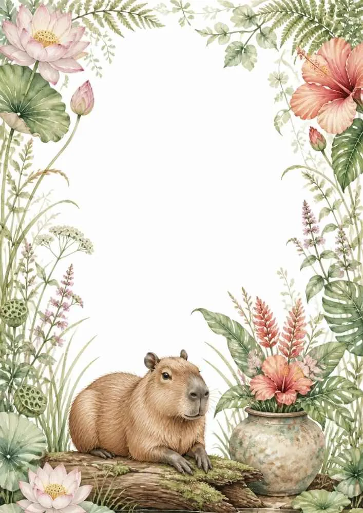 Three capybaras on riverside rocks with flowers and tropical plants.