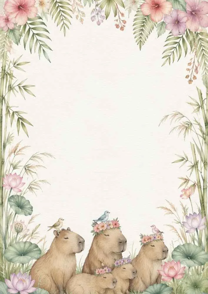 Capybara on a log beside a flower vase with tropical plants and flowers.