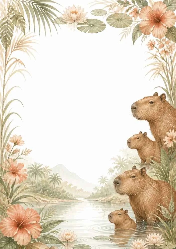 Capybara family in a river with flowers, lily pads, and tropical plants.