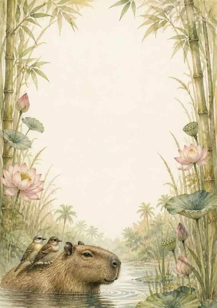 Capybara in water with two birds, bamboo, and lotus flowers.