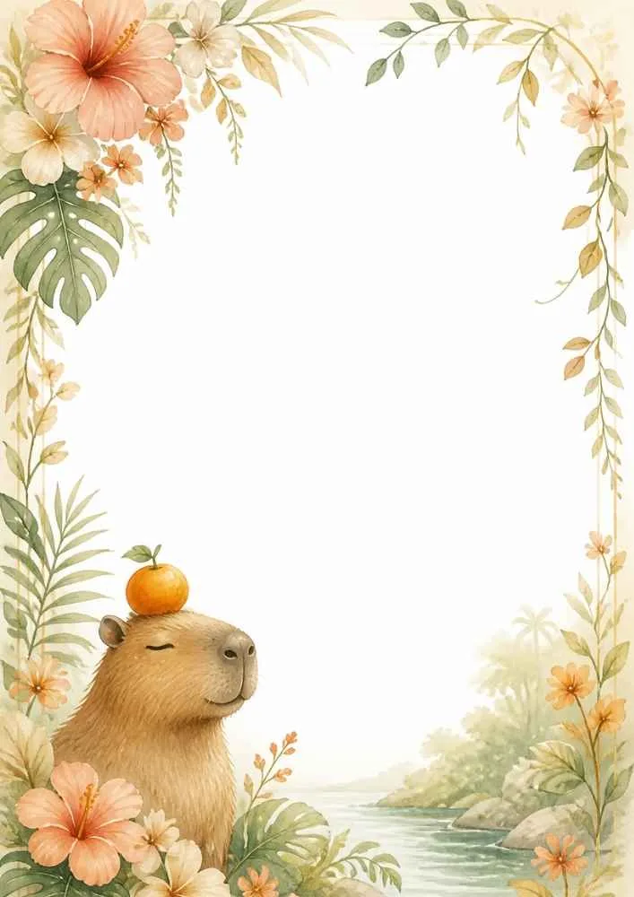 Capybara with an orange on its head surrounded by flowers and leaves.