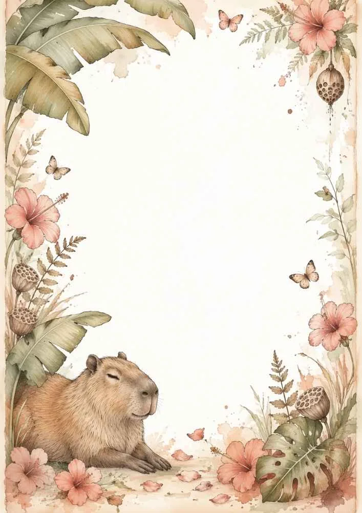 Sleeping capybara with flowers, butterflies, and tropical leaves.