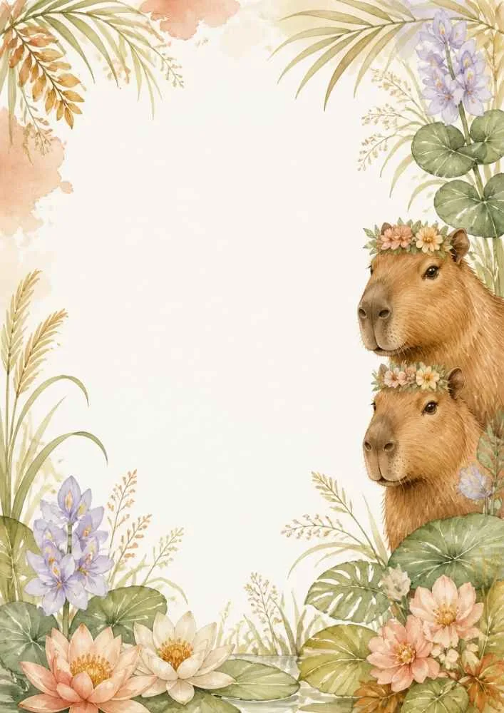 Two capybaras with flower crowns among flowers and lily pads.
