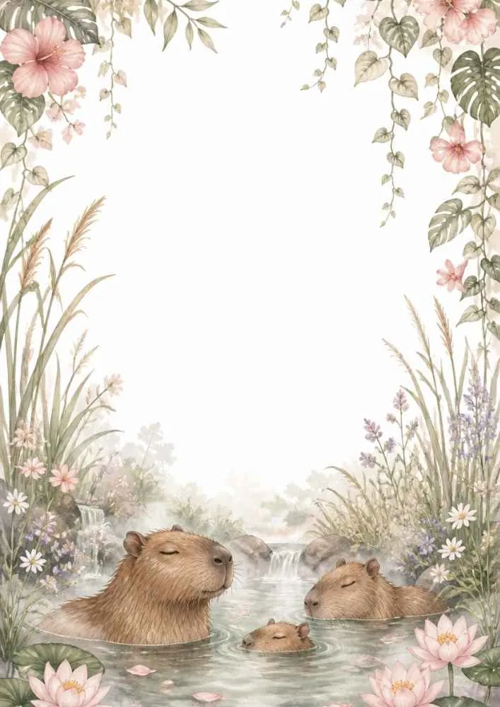 Capybara family soaking in water with flowers and a waterfall.