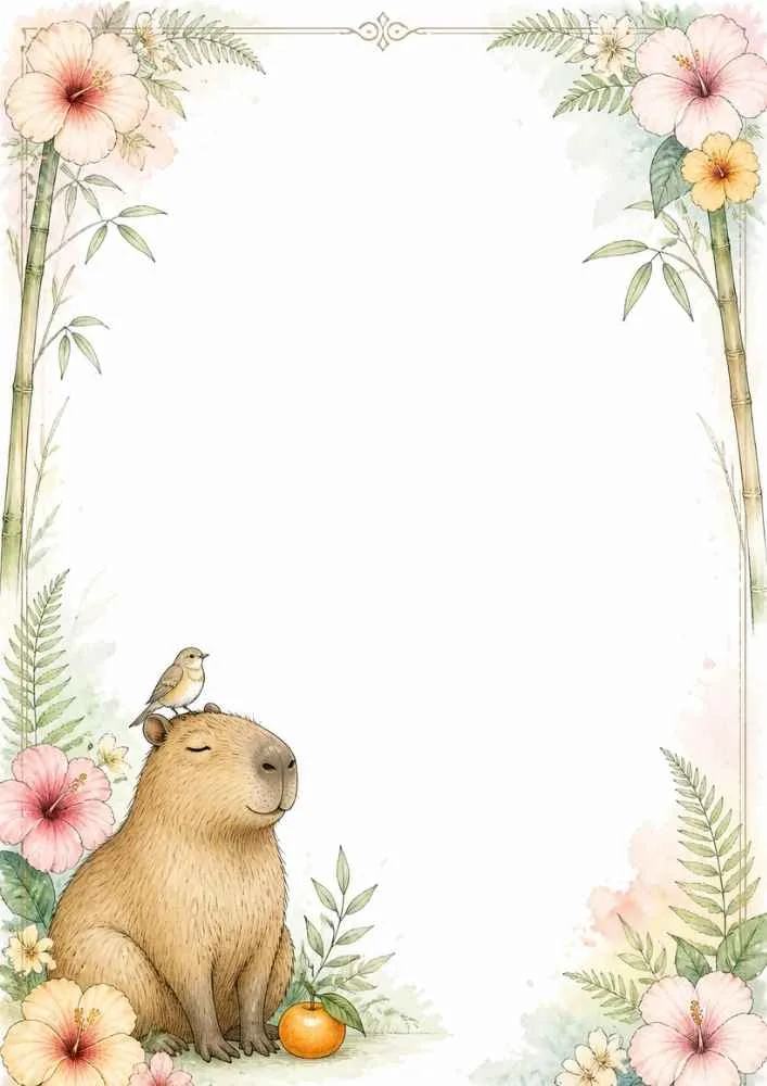 Capybara with a bird on its head beside flowers and an orange.