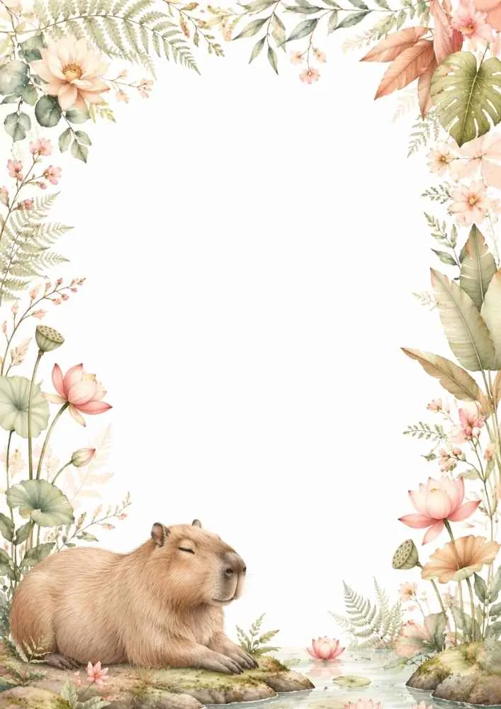Resting capybara near a lotus pond with flowers and leaves.
