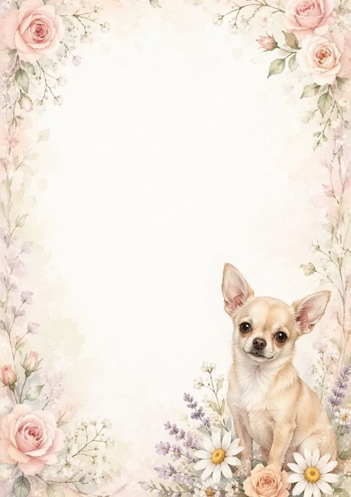 Chihuahua surrounded by pastel roses and daisies in a watercolor floral border.