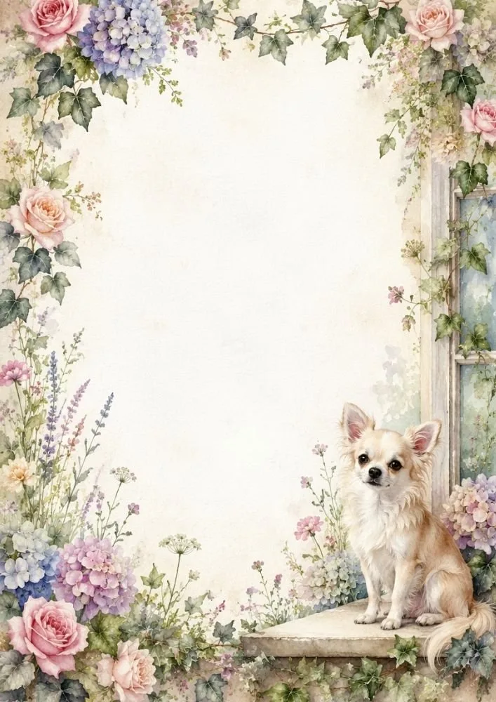 Chihuahua beside a cottage window surrounded by watercolor flowers.