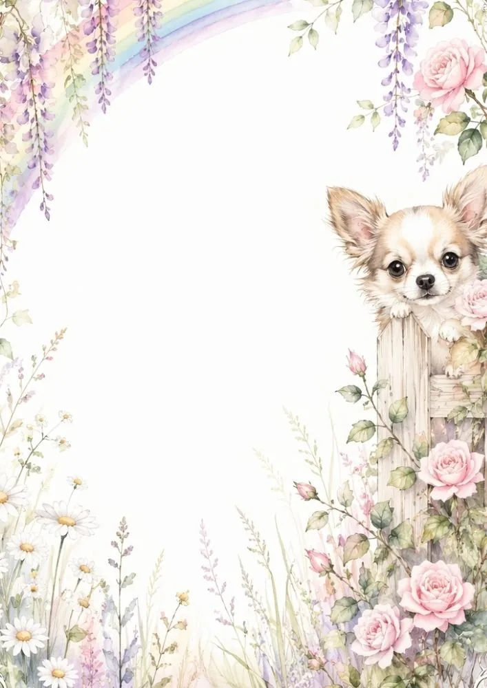 Chihuahua peeking over a fence beneath a rainbow and floral border.