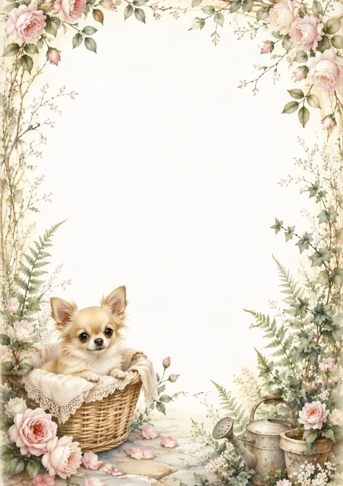 Chihuahua resting in a basket within a floral cottage garden border.
