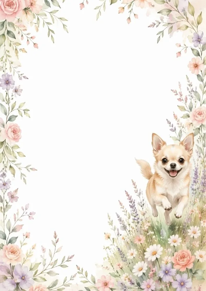 Running Chihuahua surrounded by wildflowers and watercolor floral borders.