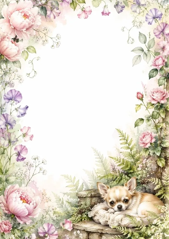Chihuahua resting among flowers in a peaceful garden scene.