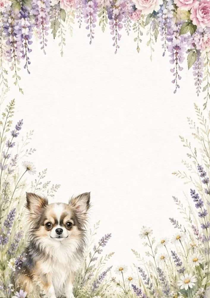 Chihuahua in a lavender meadow surrounded by pastel watercolor flowers.