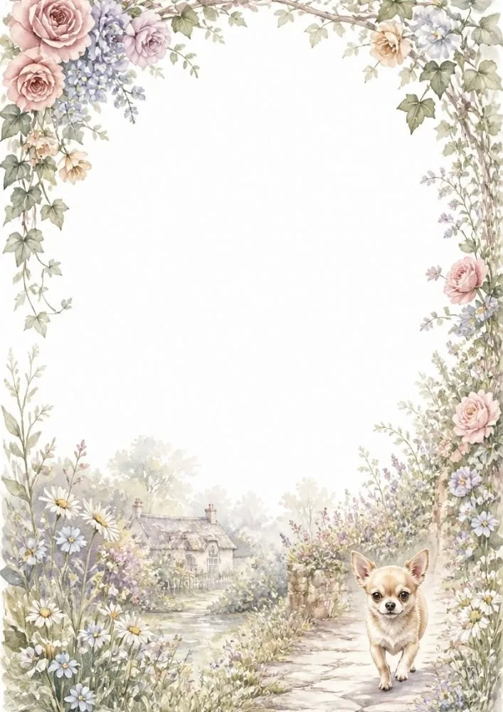 Chihuahua walking through a cottage garden framed by watercolor flowers.