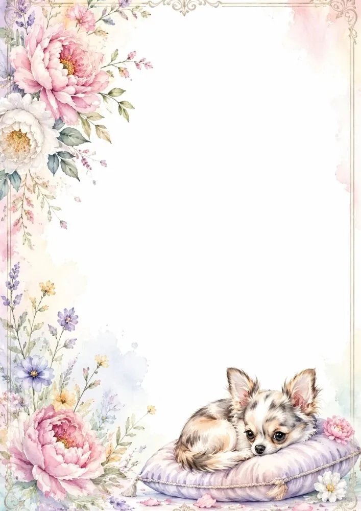 Chihuahua resting on a cushion within a pastel peony floral border.