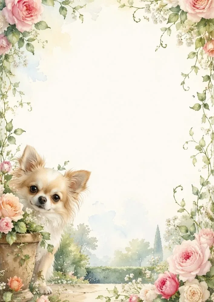 Chihuahua peeking from behind flowers in a romantic garden border.