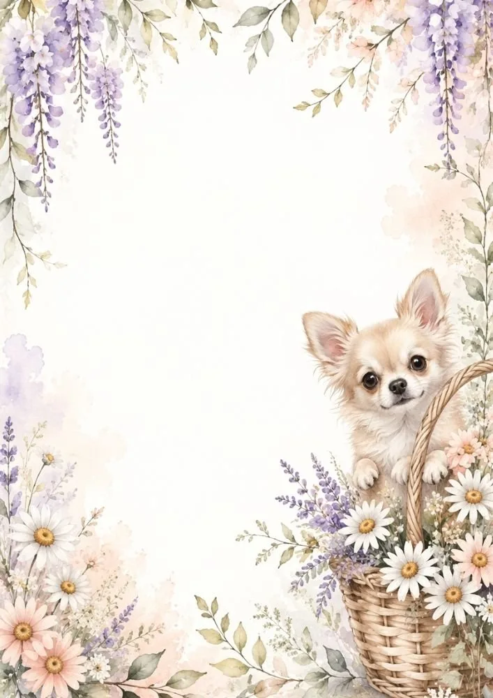 Chihuahua in a flower-filled basket surrounded by watercolor blooms.