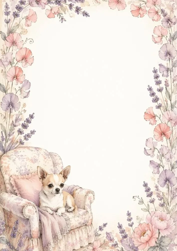 Chihuahua sitting on a vintage floral armchair within a pastel border.