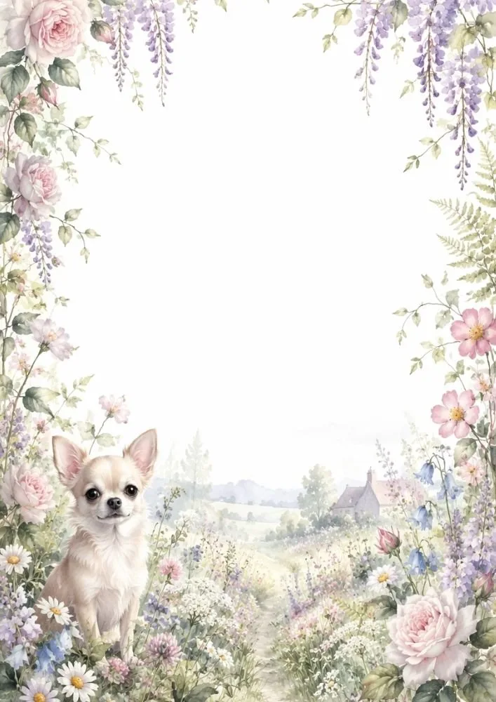 Chihuahua surrounded by wildflowers in a countryside watercolor setting.