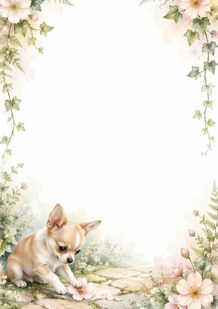 Chihuahua examining a flower in a watercolor garden border.