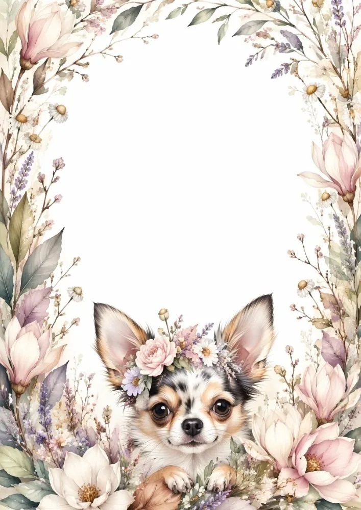 Chihuahua with a floral crown surrounded by pastel flowers.
