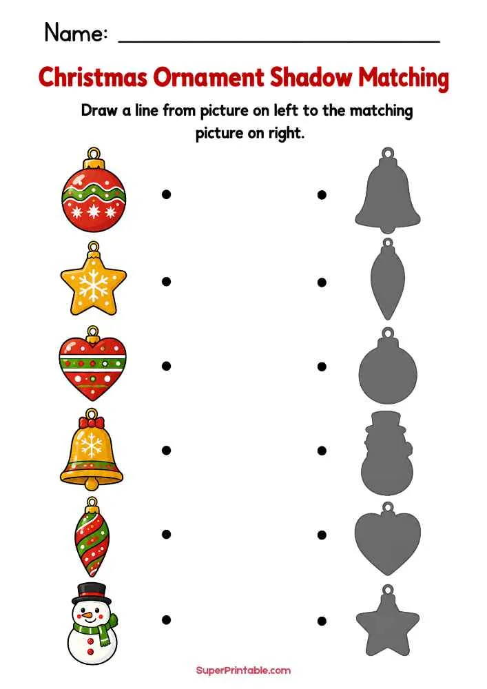 Christmas ornament shadow matching worksheet with ball, star, heart, bell, ornament, and snowman shapes.
