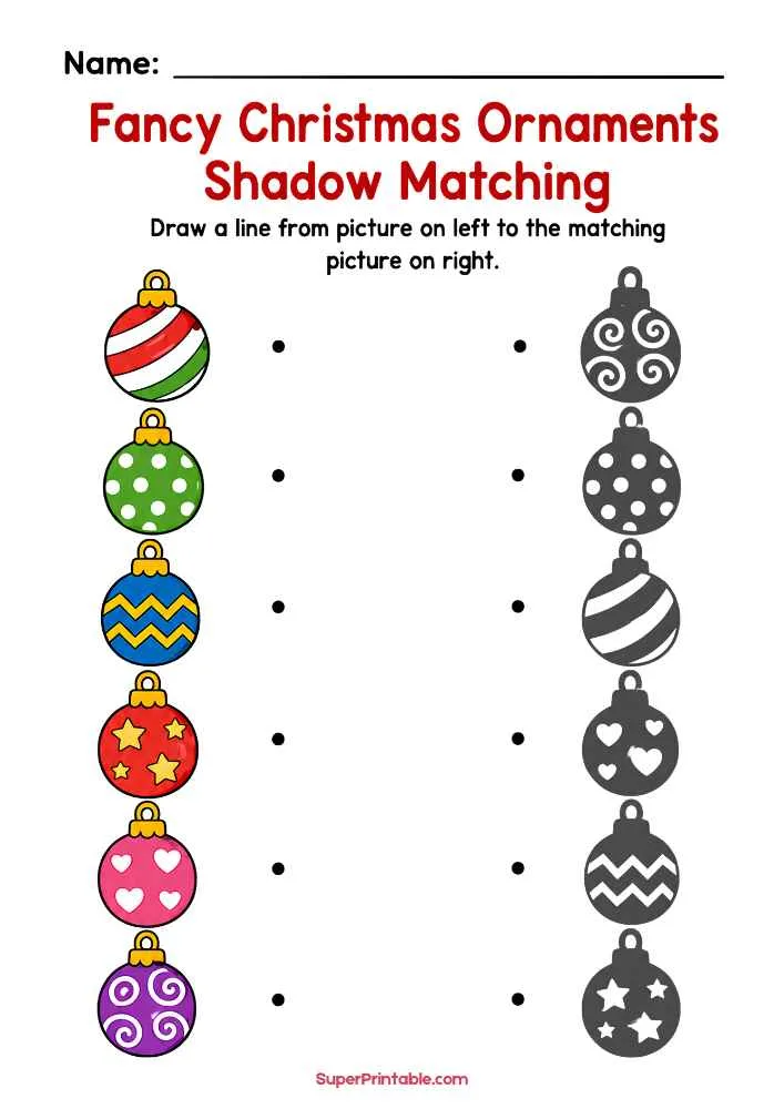 Shadow matching worksheet with striped, dotted, zigzag, star, heart, and swirl Christmas ornaments.
