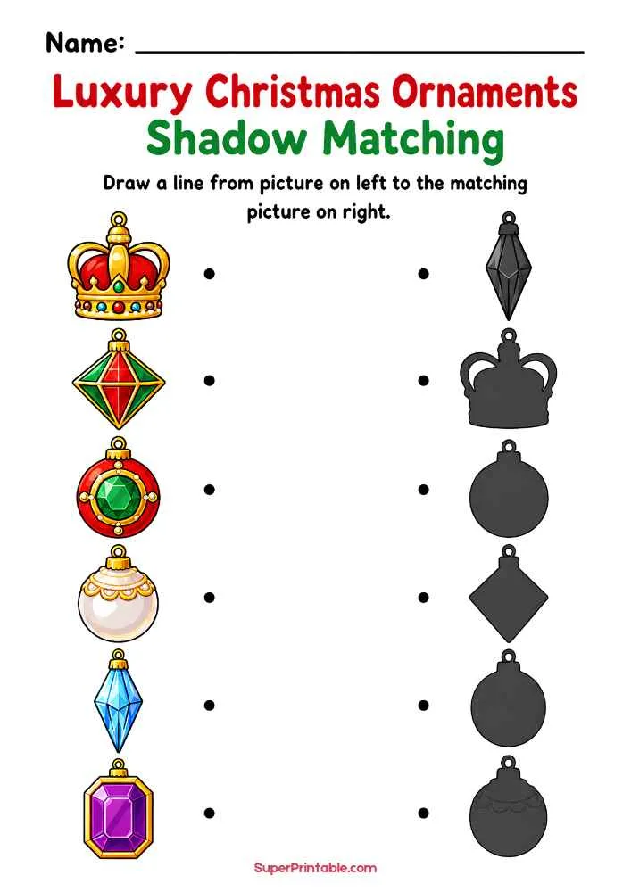 Christmas shadow matching worksheet with crown, gemstone ornaments, jeweled baubles, and matching silhouettes.