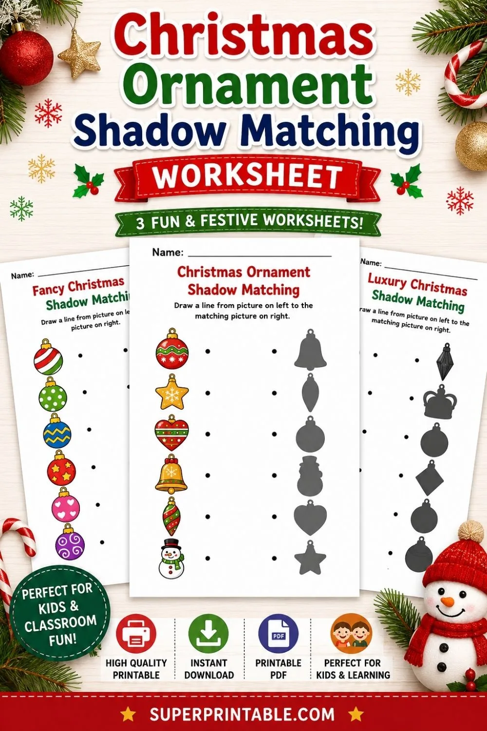 Christmas Ornament Shadow Matching Worksheet Pinterest Image