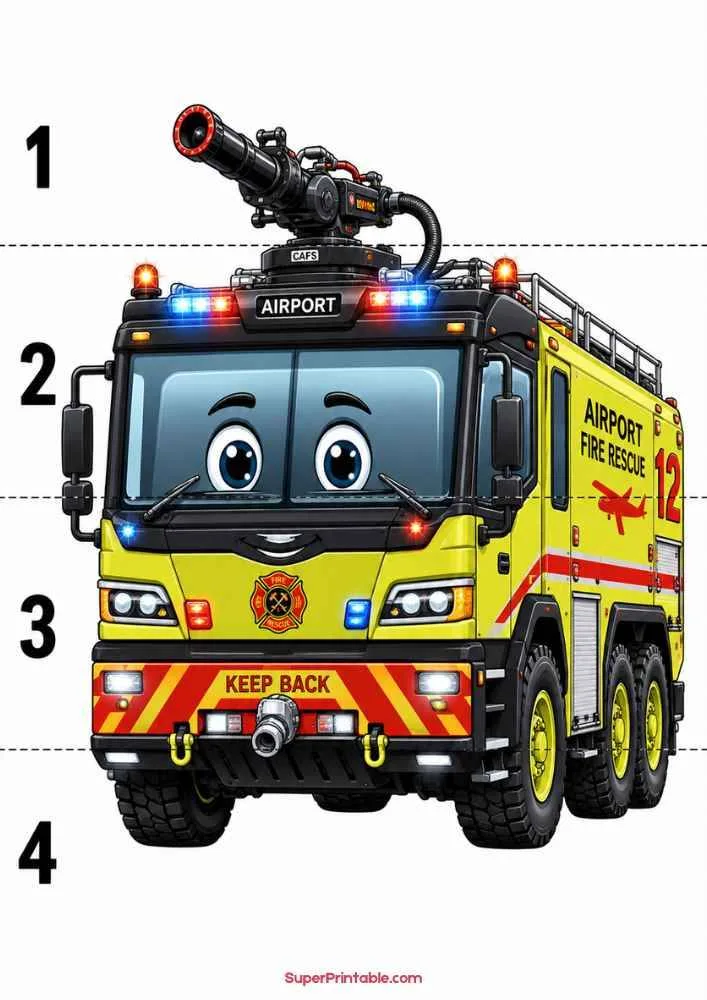 Smiling airport fire rescue truck with lights, water cannon, and numbers 1 to 4 on a worksheet.