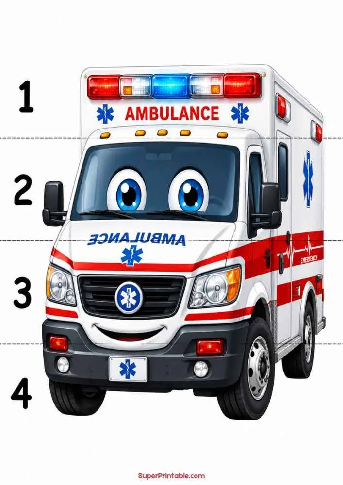 Smiling ambulance with flashing lights and numbers 1 to 4 on a worksheet.