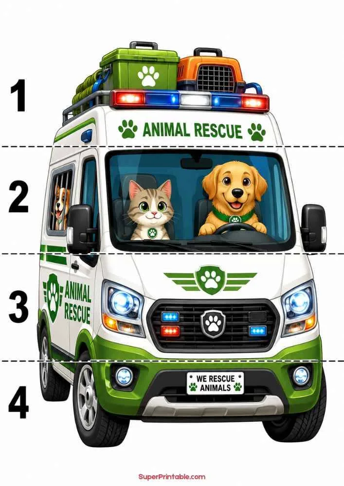 Animal rescue van with a dog, cat, rescue lights, and numbers 1 to 4.
