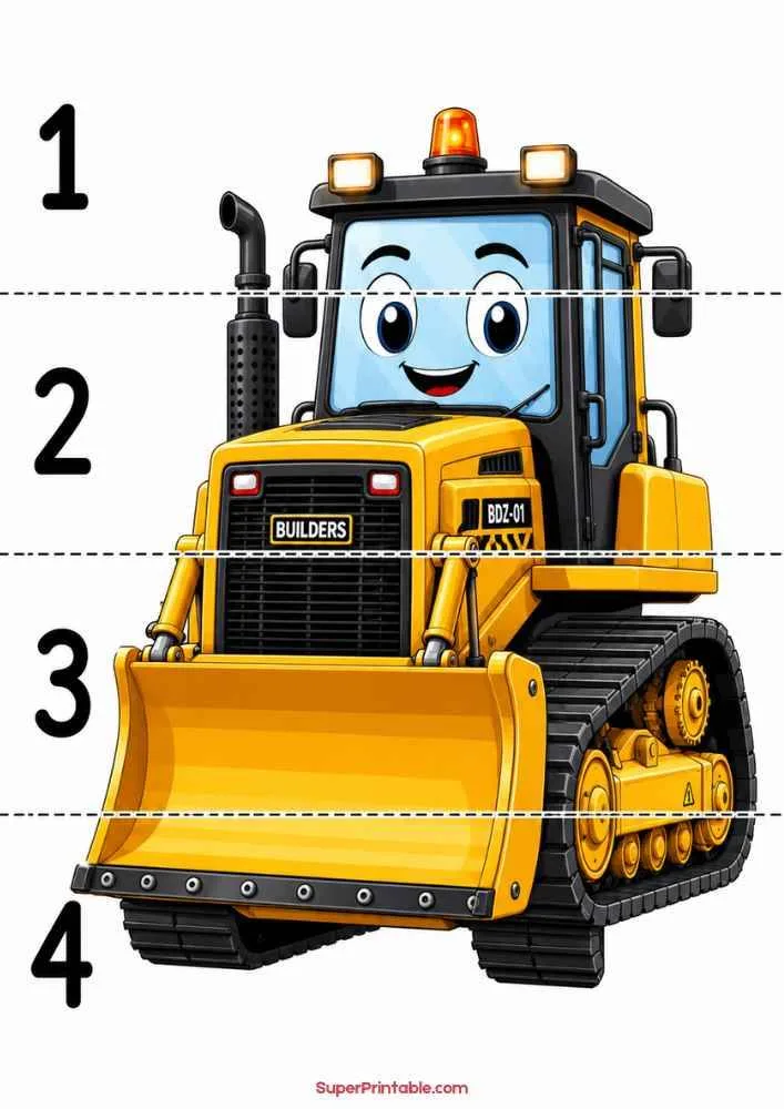 Friendly bulldozer with a large blade and numbers 1 to 4 on a worksheet.