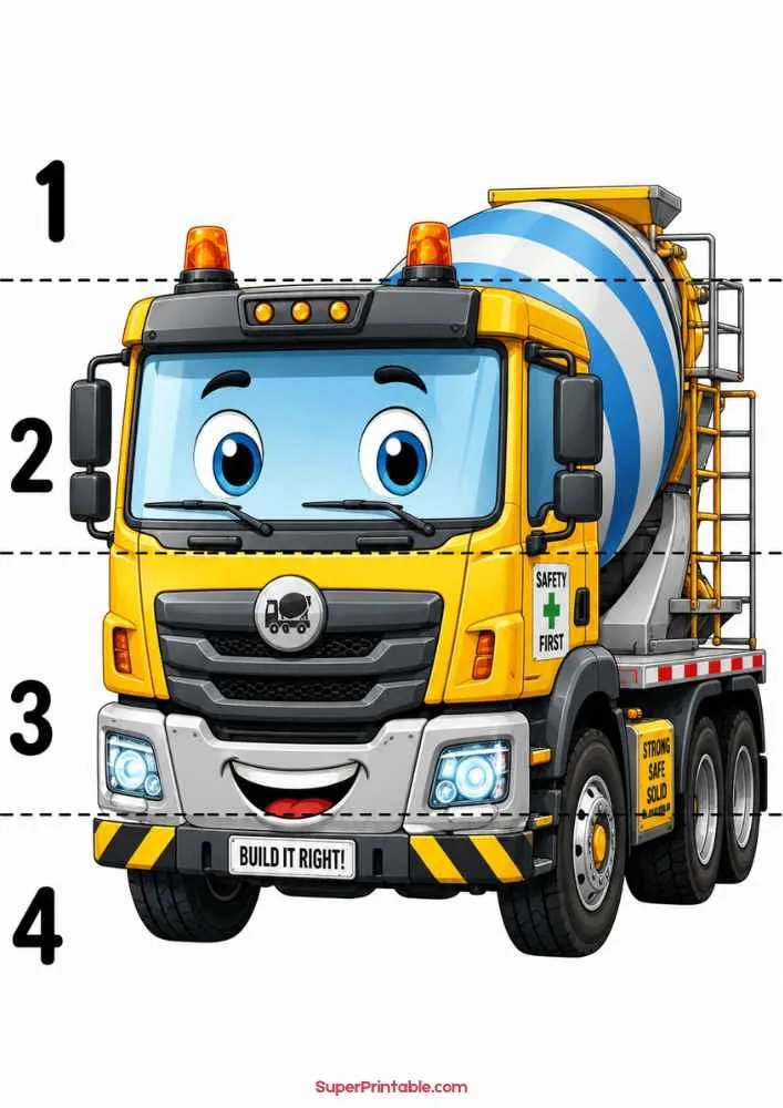 Smiling cement mixer truck with a mixing drum and numbers 1 to 4.