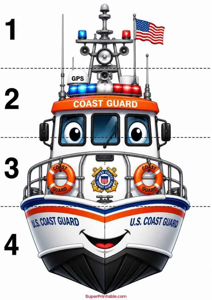 Smiling Coast Guard boat with life rings, flag, and numbers 1 to 4.