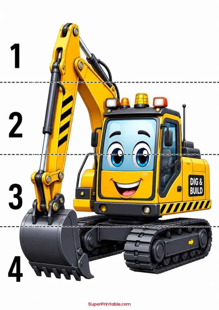 Smiling excavator with a digging bucket and numbers 1 to 4.
