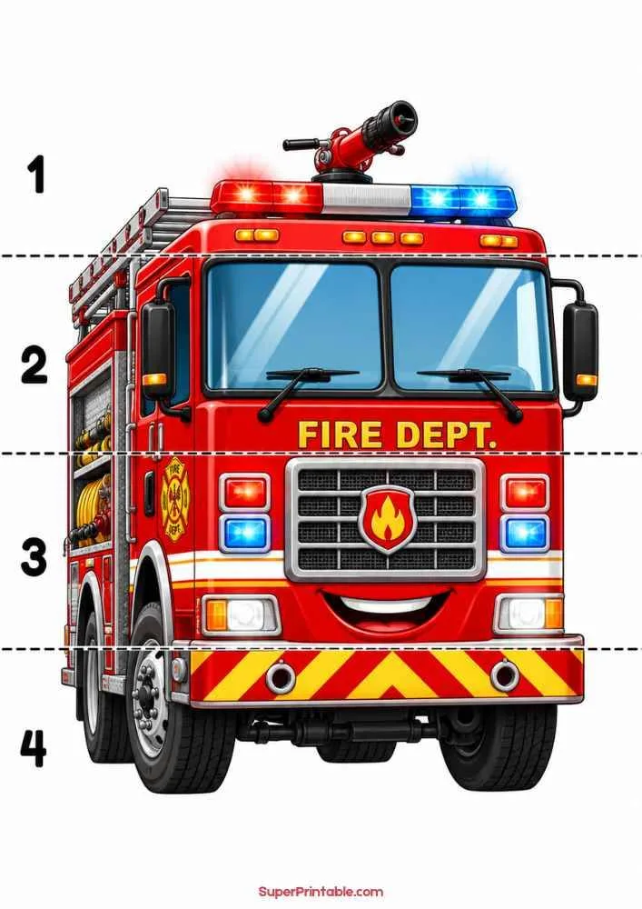 Smiling fire truck with rescue lights and numbers 1 to 4 on a worksheet.