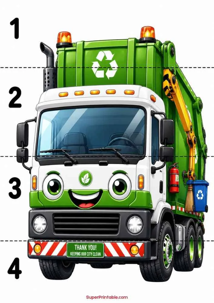 Smiling garbage truck with recycling symbol and numbers 1 to 4.