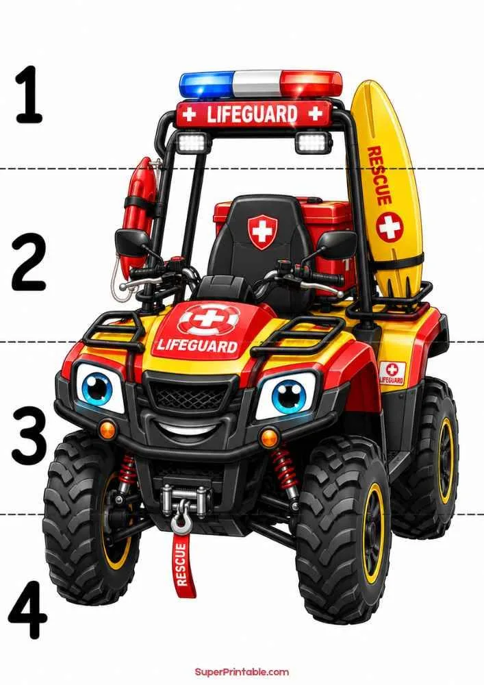 Smiling lifeguard rescue ATV with surfboard and numbers 1 to 4.