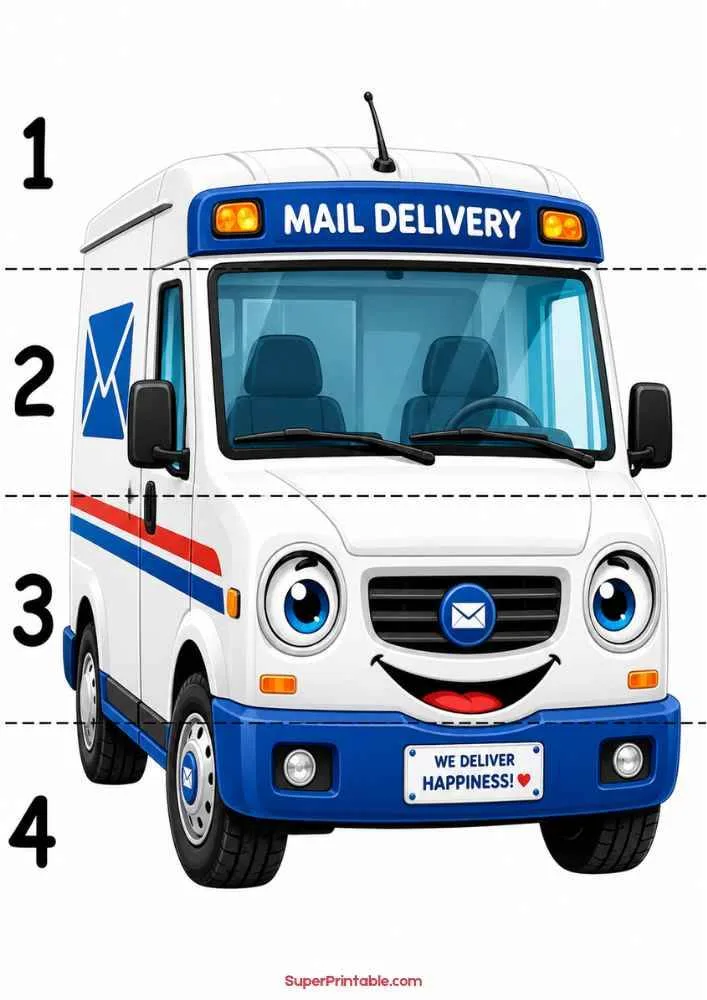 Smiling mail delivery van with numbers 1 to 4 on a worksheet.